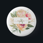 Peony and Gold Foil Bloom Monogram Name Badge<br><div class="desc">Designed to coordinate with our Peony Bloom Monogram collection, this customisable badge features luscious pink and gold peony flowers with green foliage. For more advanced customisation of this design, e.g. changing layout, font or text size please click the "CUSTOMIZE" button above. Please note, gold foil is a printed effect and...</div>