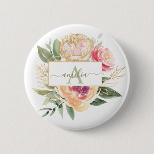 Peony and Gold Foil Bloom Monogram Name Badge