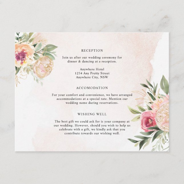 Peony and Gold Foil Flowers Details Enclosure Card (Front)
