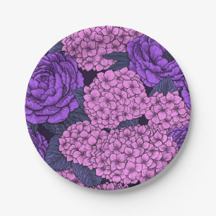 Peony and hydrangea in pink and violet paper plate