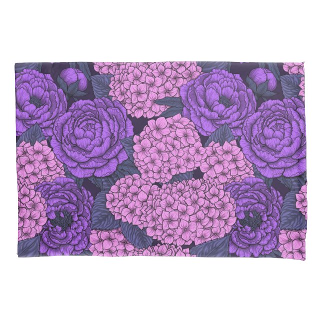 Peony and hydrangea in pink and violet pillowcase (Front)
