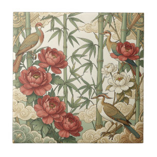 Peony Birds Bamboo Oriental Garden Scene Tile