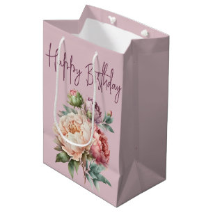 Peony Birthday Bouquet on Pink Medium Gift Bag