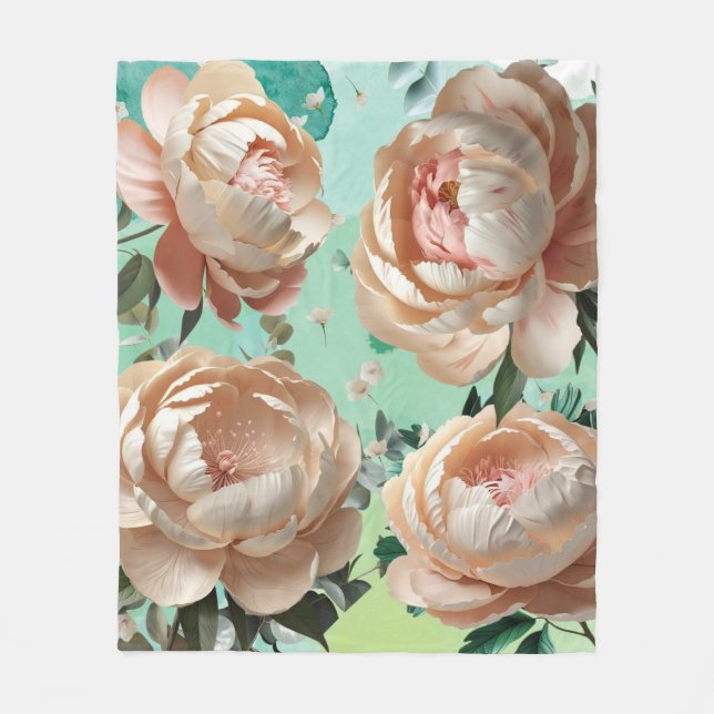 Peony Bloom Fleece Blanket Elegant Floral Decor (Front)