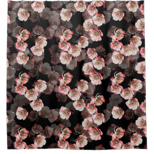 Peony Bloom Floral Black Pattern Shower Curtain