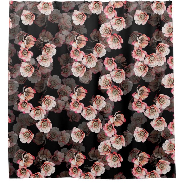 Peony Bloom Floral Black Pattern Shower Curtain (Front)