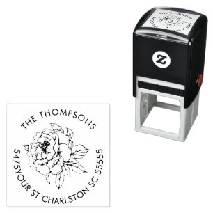 Peony Bloom Line art Address Self-inking Stamp