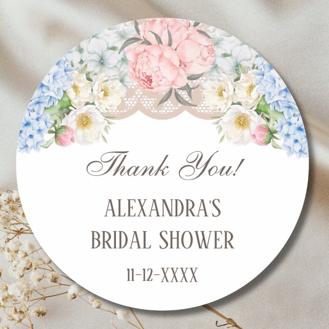 Peony Blue Hydrangea Bridal Shower Thank You Classic Round Sticker (Creator Uploaded)