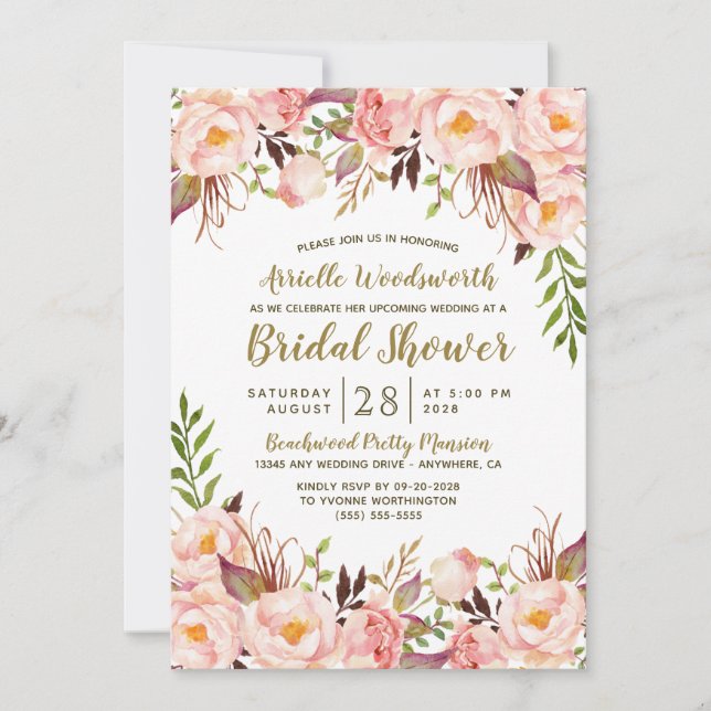 Peony Blush Pink Gold Bridal Shower Invitations (Front)