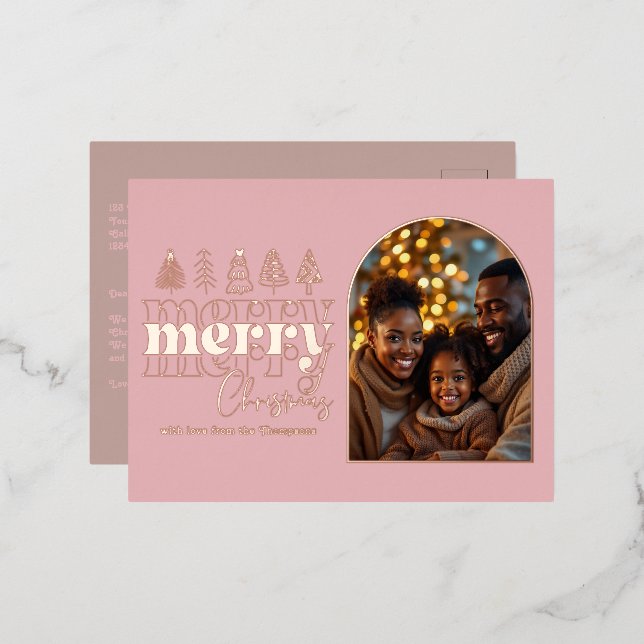 Peony Blush & Warm Taupe Christmas Photo Foil Holiday Postcard (Front/Back)