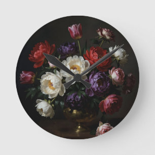 Peony Bouquet Baroque Still Life Round Clock