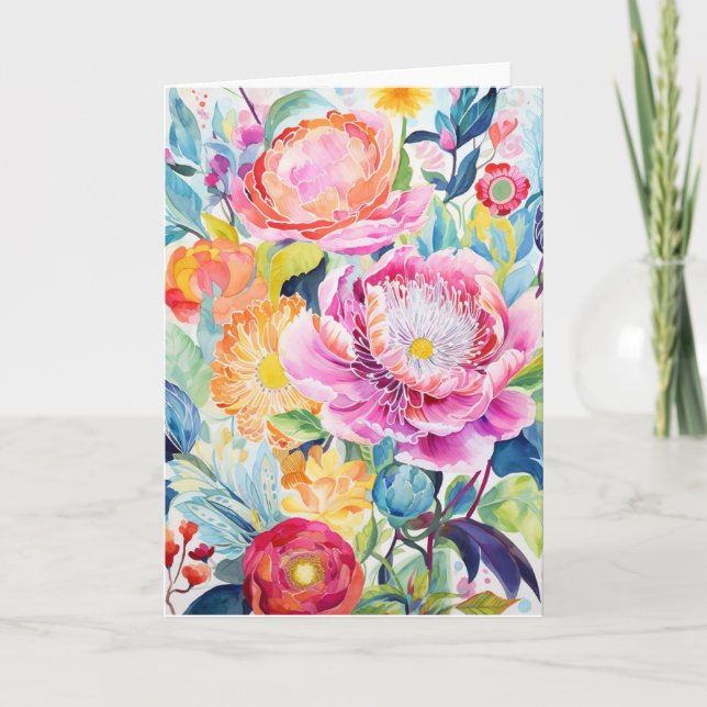 Peony Bouquet Bloom Abstract Art Holiday Card (Front)