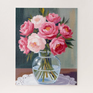 Peony Bouquet   Flower Vase Pink Watercolor Floral Jigsaw Puzzle