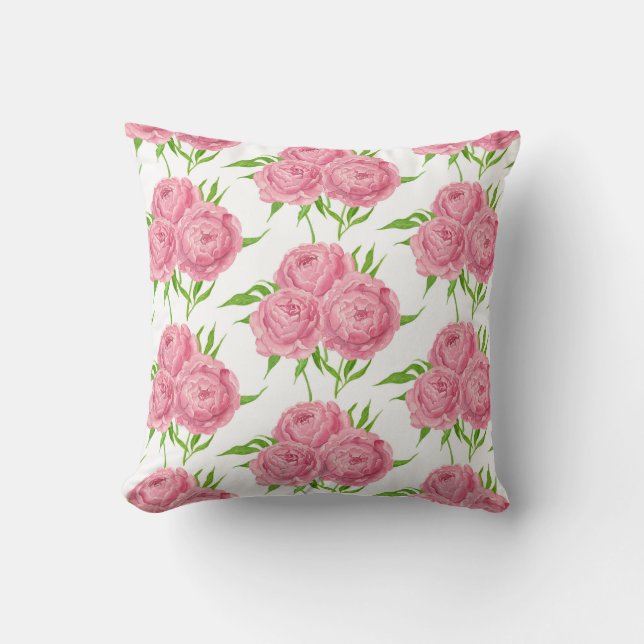 Peony bouquet watercolor pattern cushion (Front)