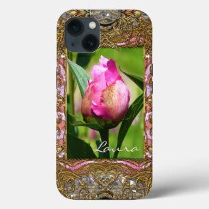 Peony Bud Elegant Floral Monogram iPhone 13 Case