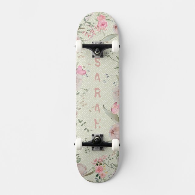 Peony & Butterflies Sage Aesthetic Skateboard (Front)