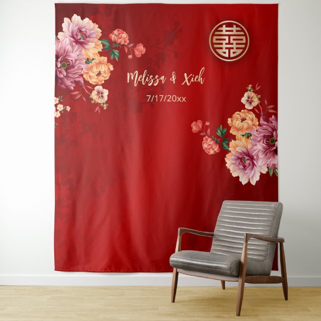 Peony Chinese Wedding  Backdrop Tapestry (In Situ)
