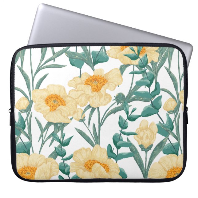 Peony Claire de Lune plants seamless pattern. Hand Laptop Sleeve (Front)