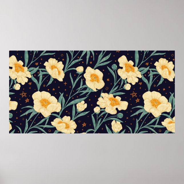 Peony Claire de Lune plants seamless pattern. Hand Poster (Front)