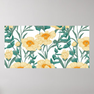 Peony Claire de Lune plants seamless pattern. Hand Poster