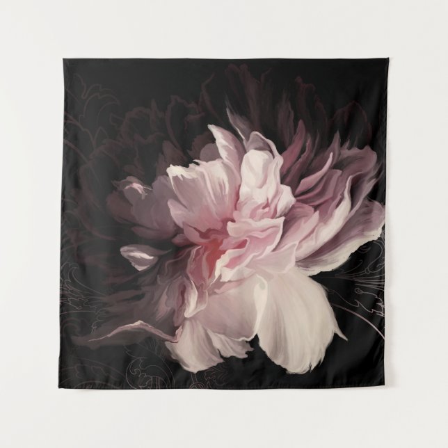 Peony Dark Wall: Painted Flower Design Tapestry (Front)