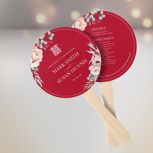 Peony Double Happiness Wedding Program & Timeline Hand Fan (Creator Uploaded)