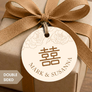 Peony Double Happiness Wedding Round Favour Tags