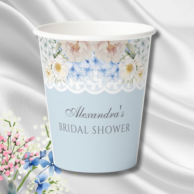 Peony Dusty Blue Hydrangea Bridal Shower Paper Cups (Creator Uploaded)