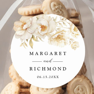 Peony Elegant Ivory Gold Floral Wedding Classic Round Sticker