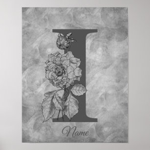Peony Elegant Monogram Initial I Personalised Poster