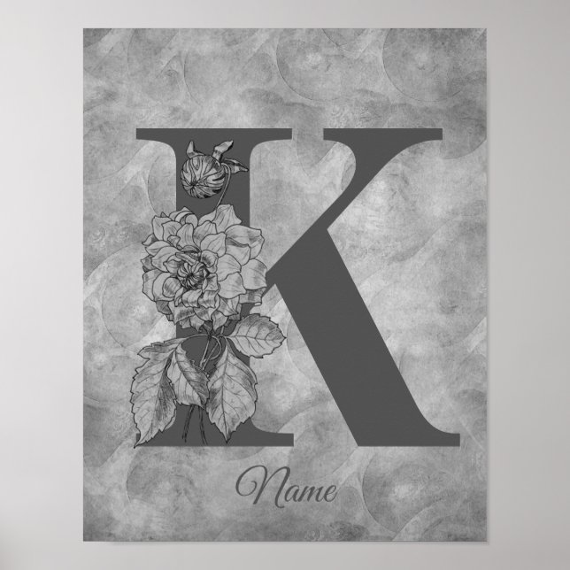 Peony Elegant Monogram Initial K Personalised Poster (Front)