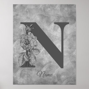 Peony Elegant Monogram Initial N Personalised Poster