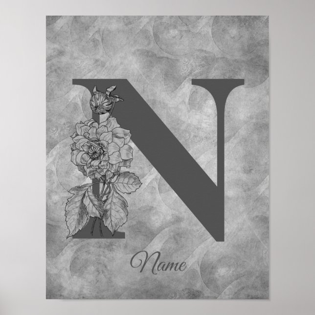 Peony Elegant Monogram Initial N Personalised Poster (Front)