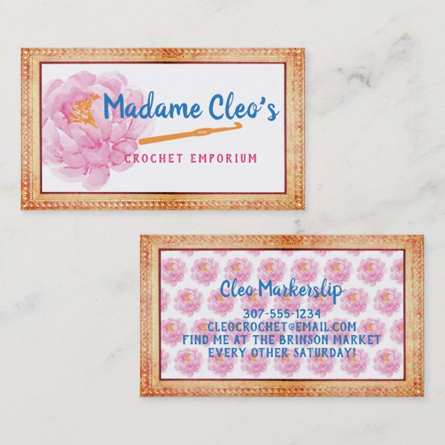 Peony faux lace crochet hook yarn crafts business card (Front/Back)