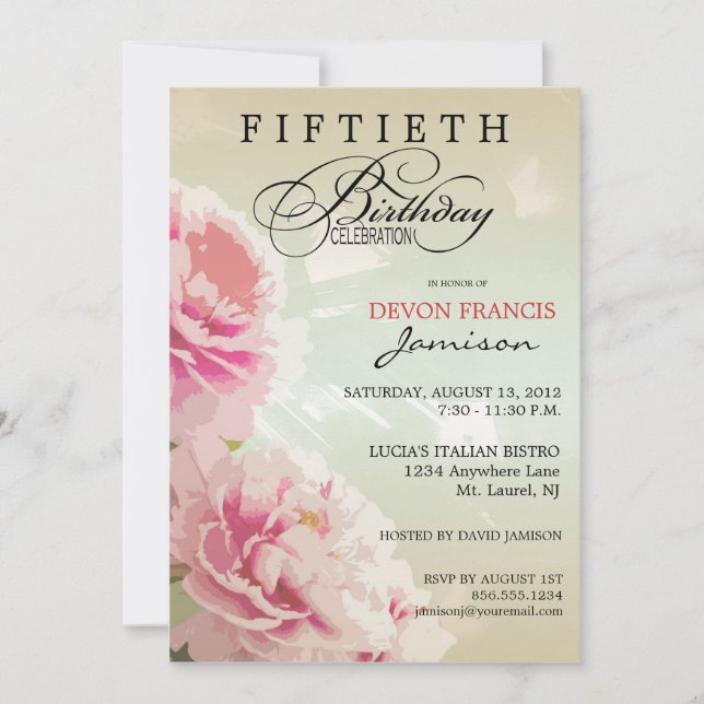 Peony Floral 50th Birthday Party Invitation in Pin (Front)
