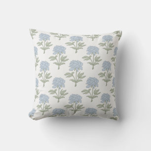 Peony Floral Block Print Cottage White Blue Green Cushion