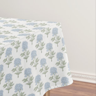 Peony Floral Block Print Cottage White Blue Green Tablecloth