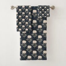 Peony Floral Block Print Vintage Botanical Dark