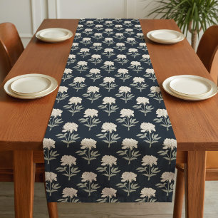 Peony Floral Block Print Vintage Botanical Dark Short Table Runner