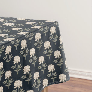Peony Floral Block Print Vintage Botanical Dark Tablecloth