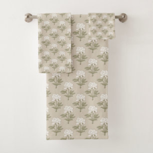 Peony Floral Block Print Vintage Mushroom Beige Bath Towel Set