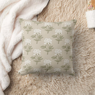 Peony Floral Block Print Vintage Mushroom Beige Cushion