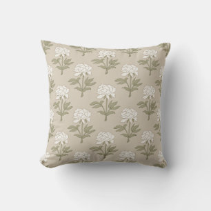 Peony Floral Block Print Vintage Mushroom Beige Cushion