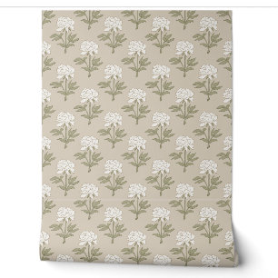 Peony Floral Block Print Vintage Mushroom Beige Wallpaper