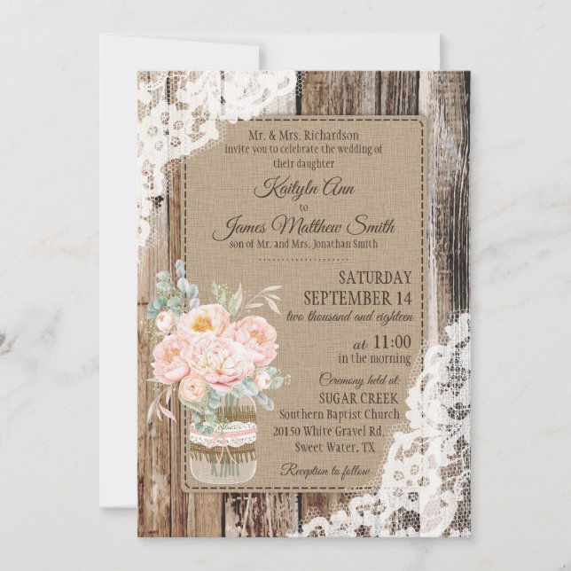 Peony Floral Bouquet Wood Lace Rustic Wedding Invitation (Front)