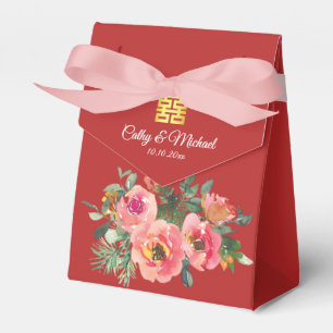 Peony floral double happiness Chinese wedding red Favour Box