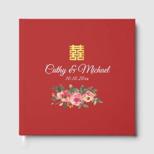 Peony floral double happiness Chinese wedding red Guest Book