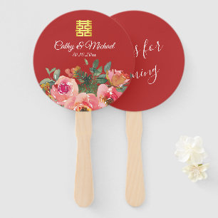 Peony floral double happiness Chinese wedding red Hand Fan