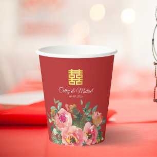 Peony floral double happiness Chinese wedding red Paper Cups