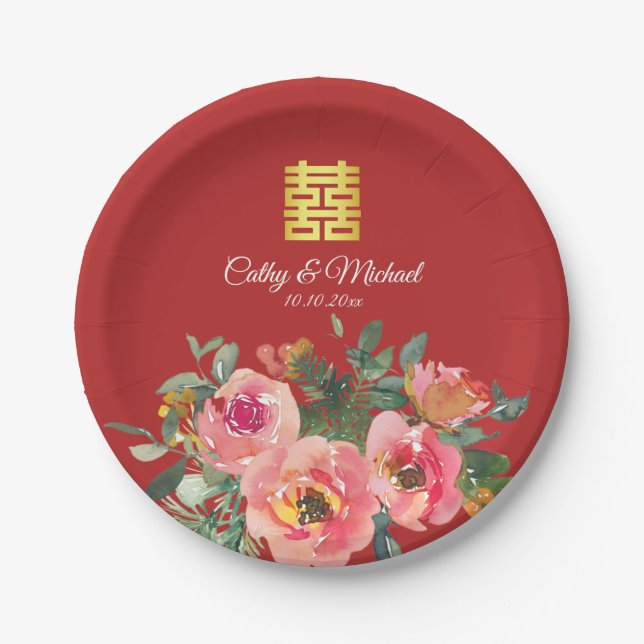 Peony floral double happiness Chinese wedding red  Paper Plate (Front)